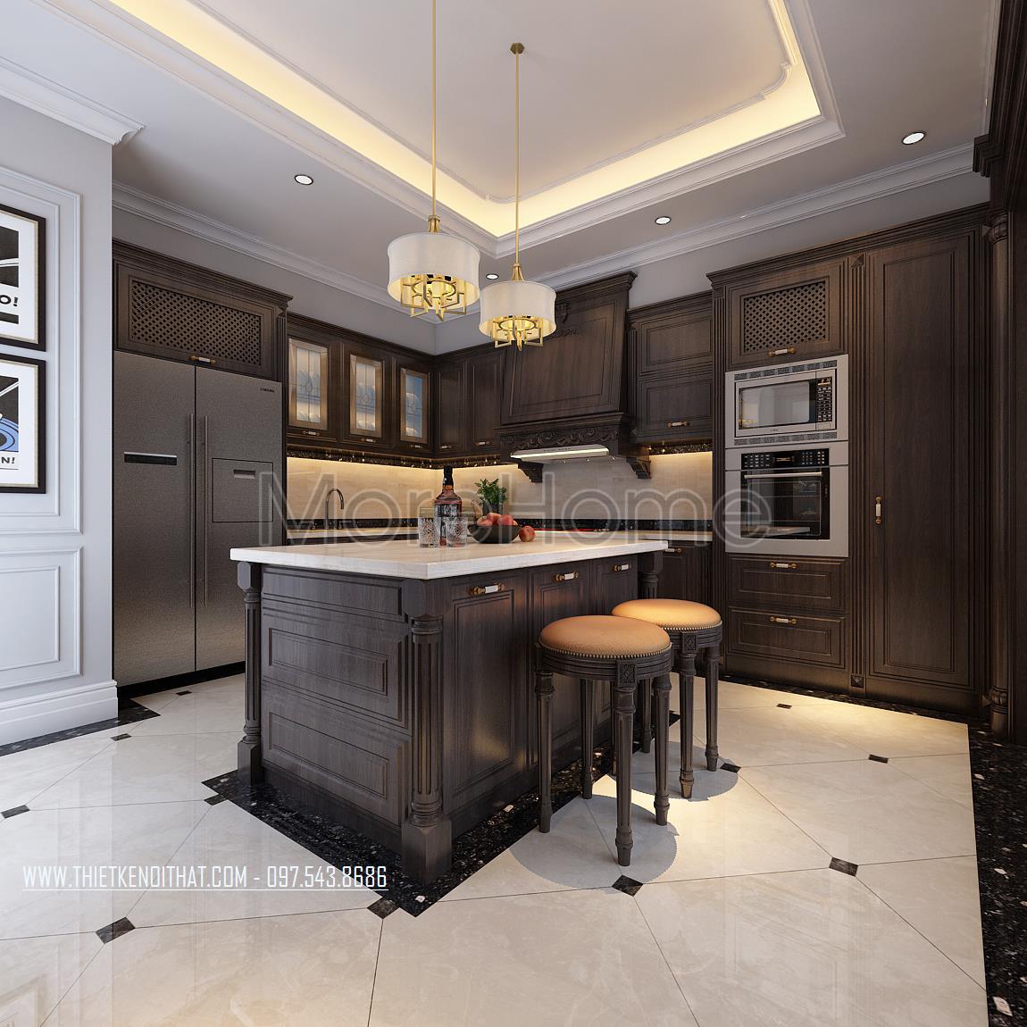 Thiết kế nội thất gỗ óc chó tủ bếp đảo căn hộ Duplex Mandarin Garden